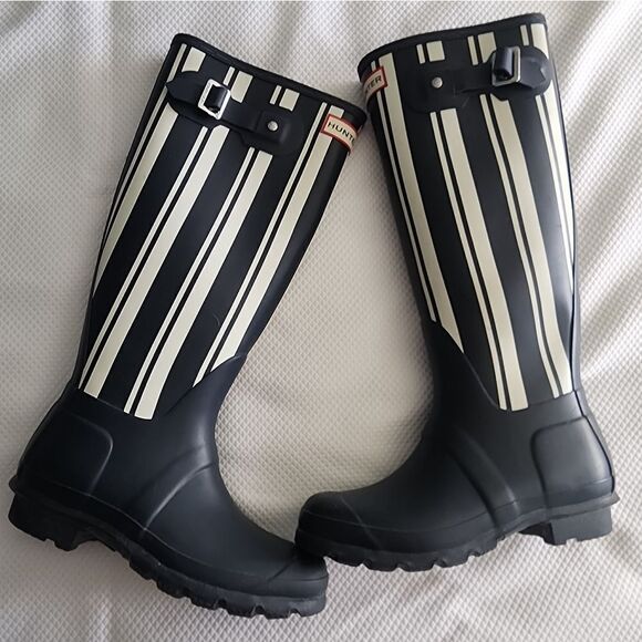 Hunter Black and White Striped Rain Boots - Picture 3 of 8